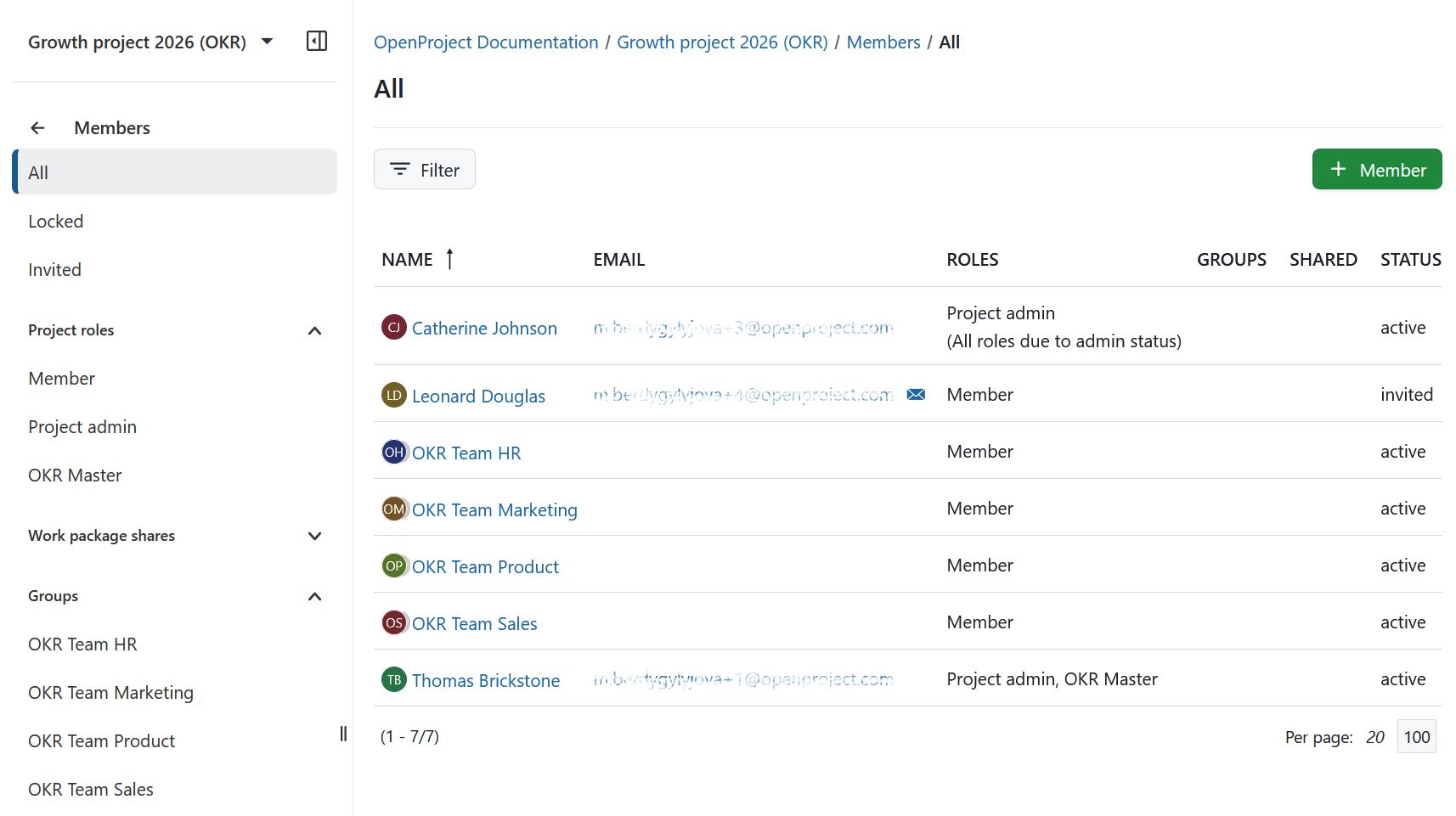 OKR groups added to an OKR project under project settings in OpenProject