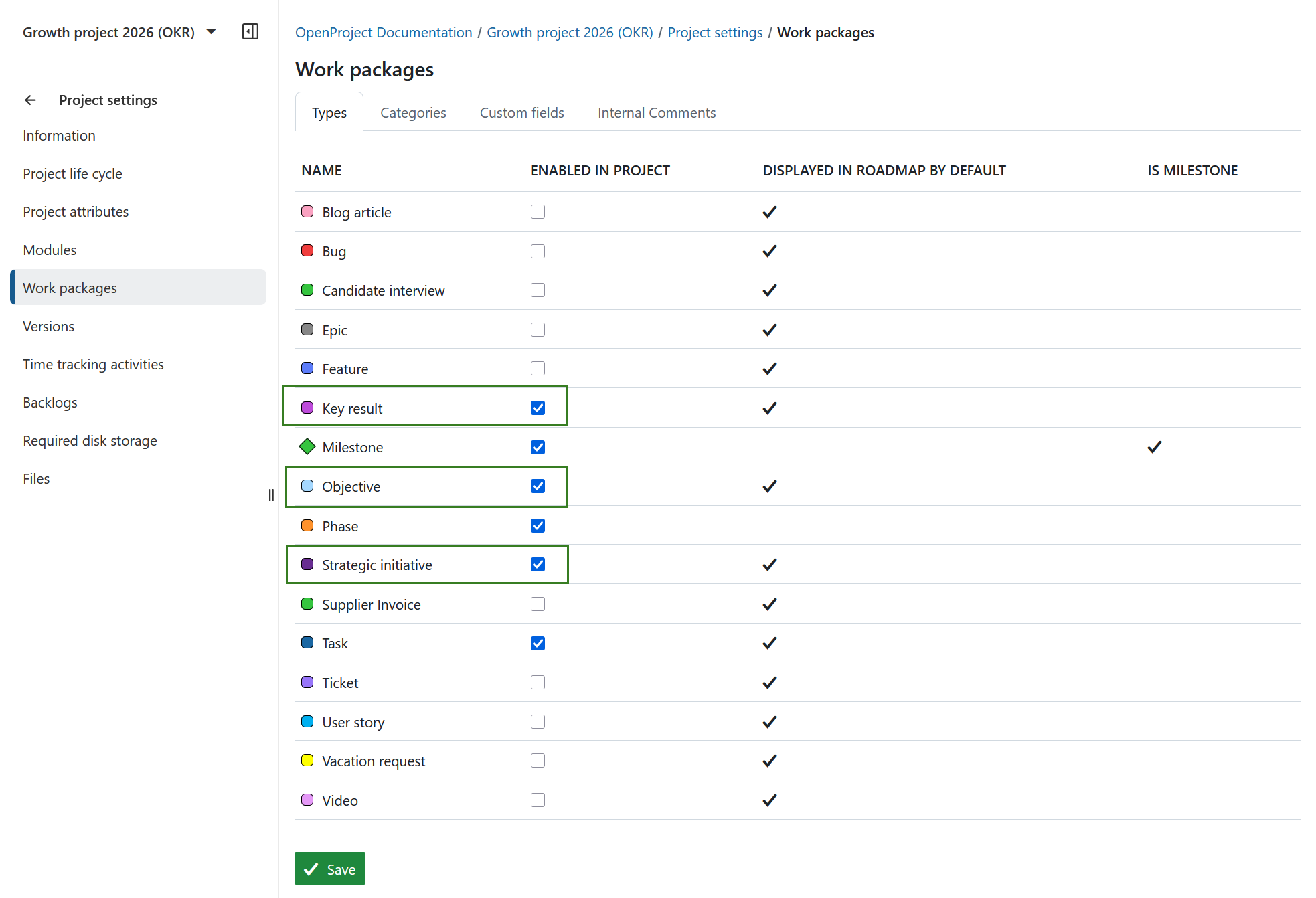 OKR related work package types activated in OKR project settings in OpenProject