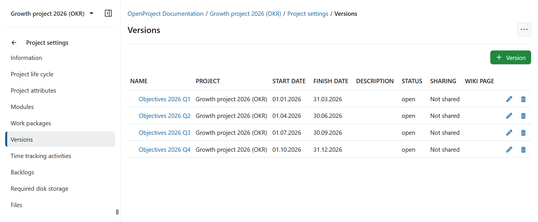 OKR quarterly versions defined under project settings in OpenProject