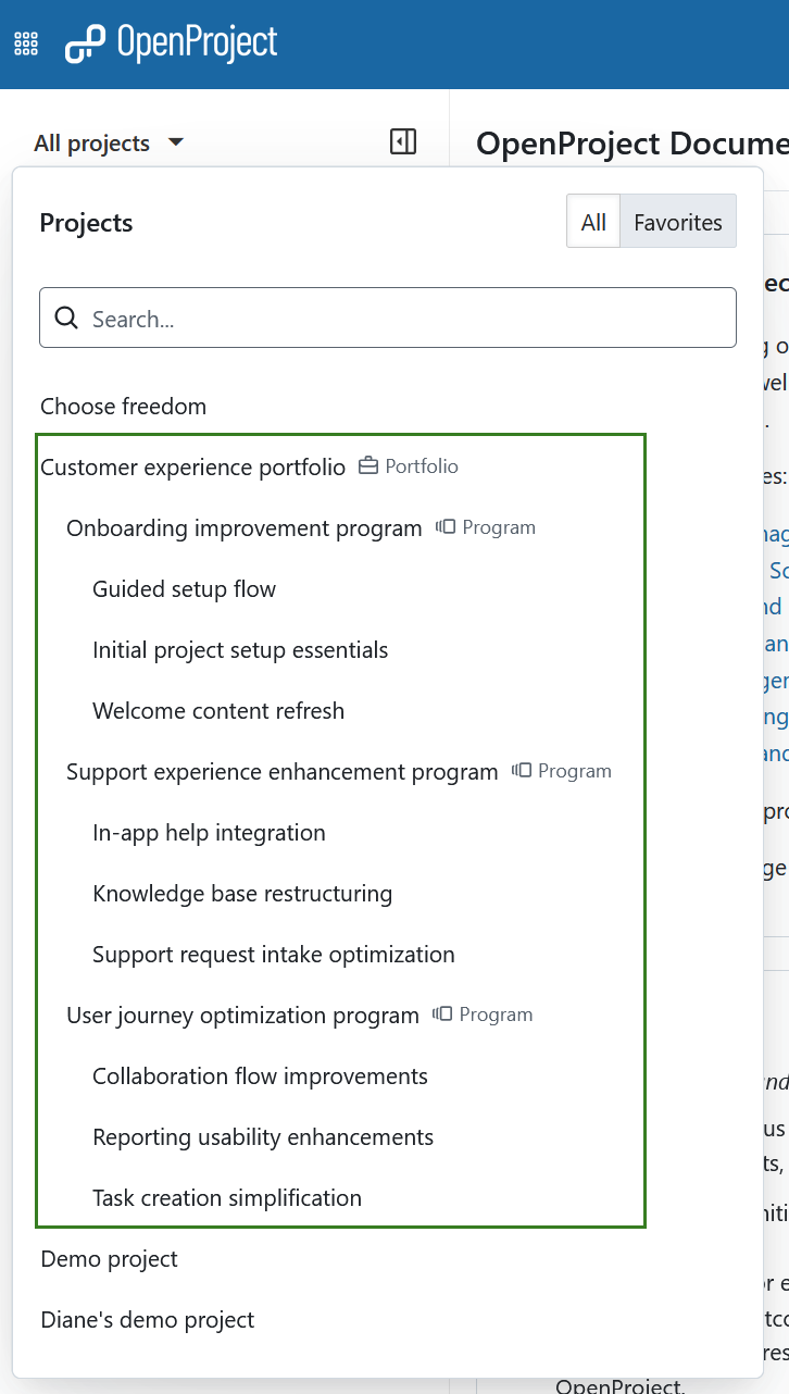 An example of a portfolio, which includes programs that in turn contain projects, shown in the “all projects” dropdown menu in OpenProject