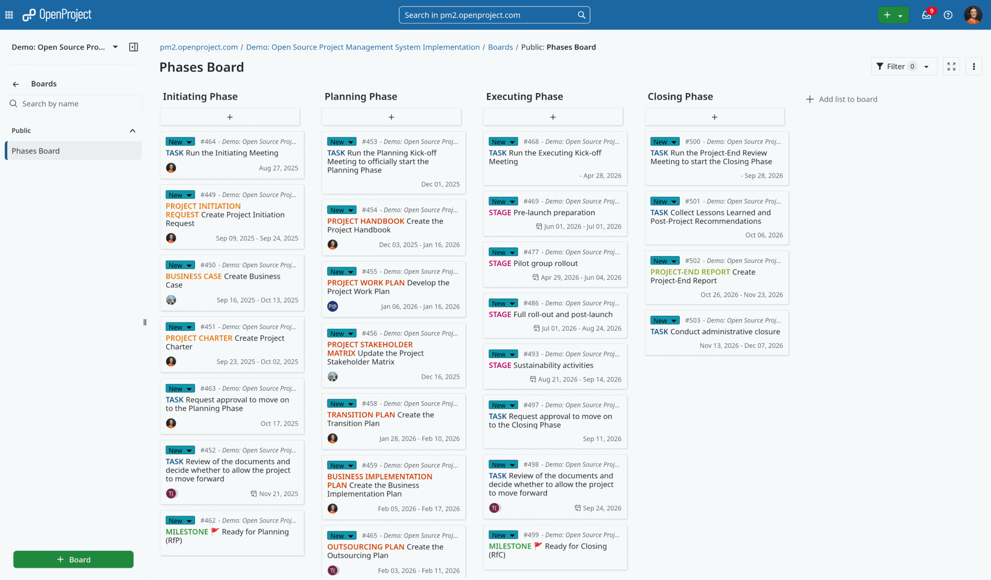 Board view showing all tasks per phase in OpenProject