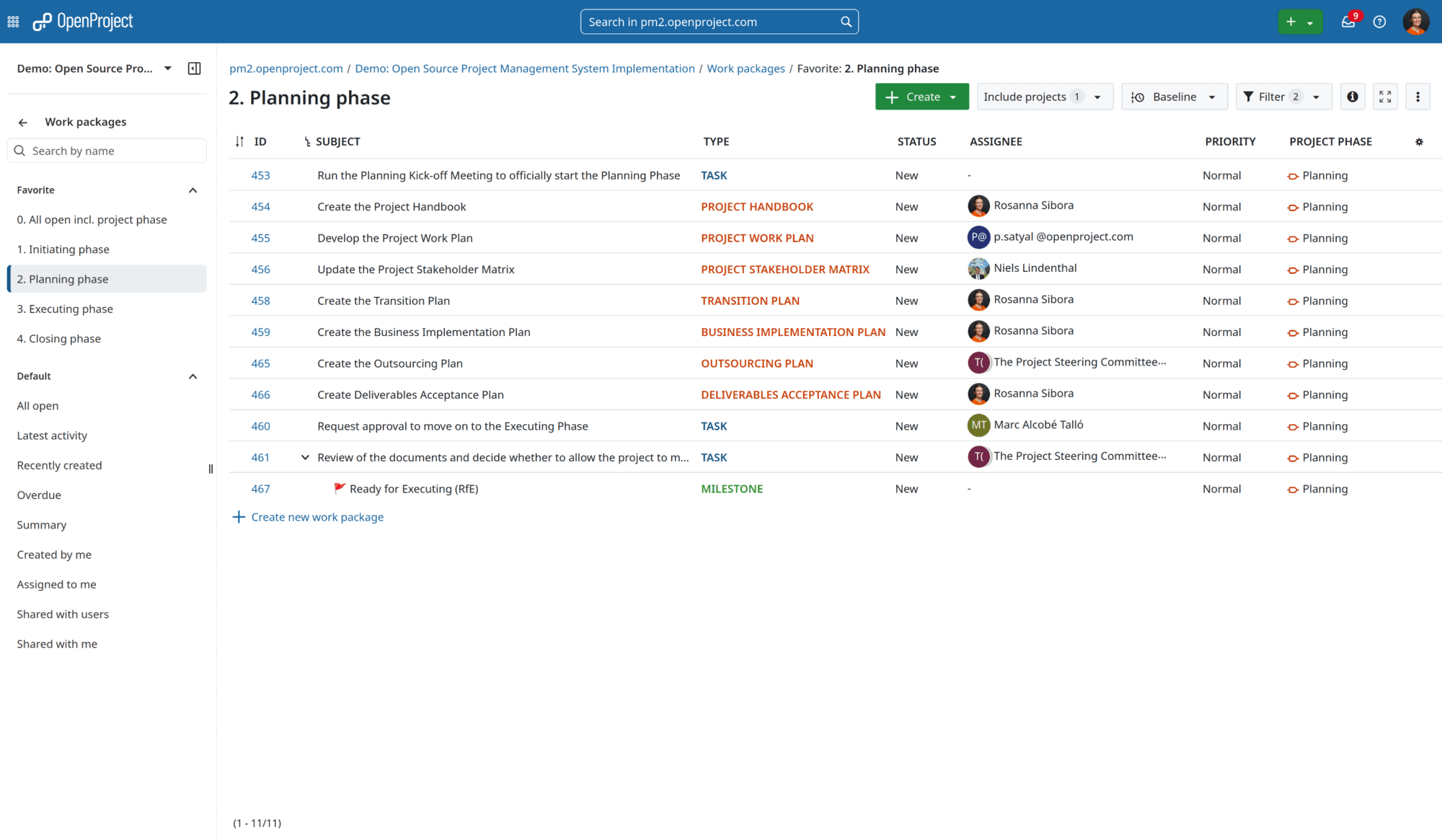 Table view containing work packages from the Planning Phase in OpenProject