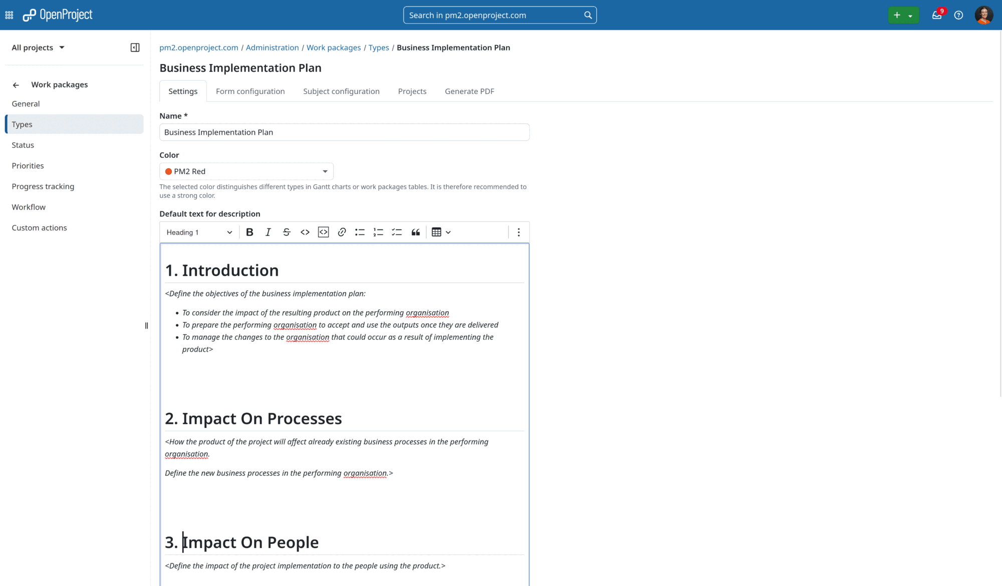 Setting up work package templates in OpenProject