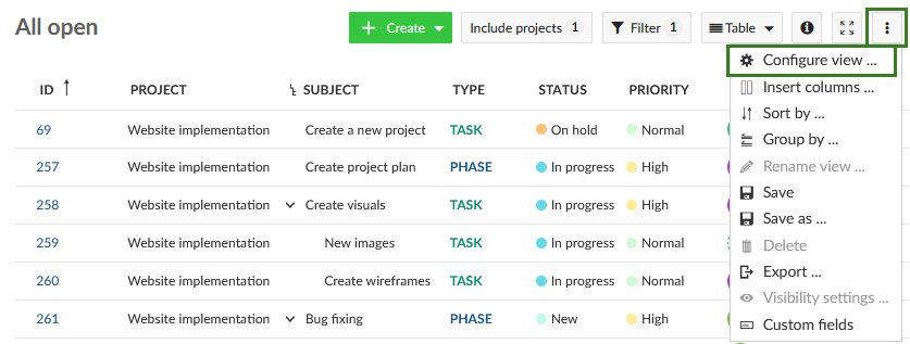 OpenProject work package configure view