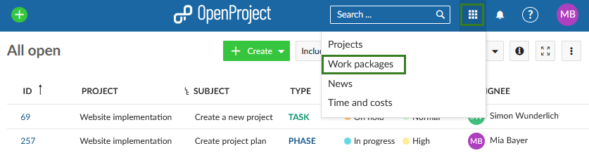 OpenProject global work packages overview