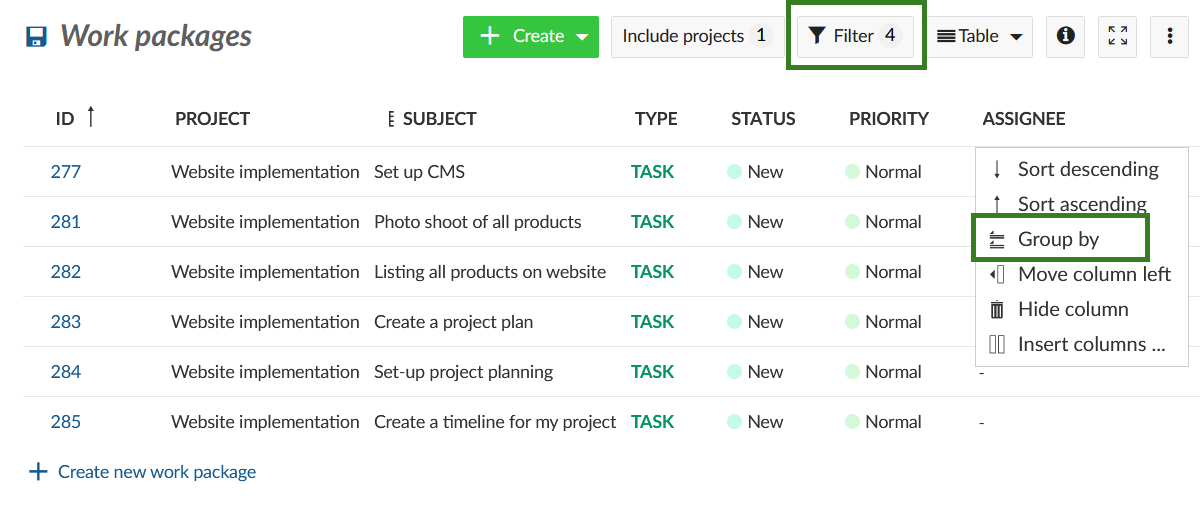 OpenProject sort work packages by assignee