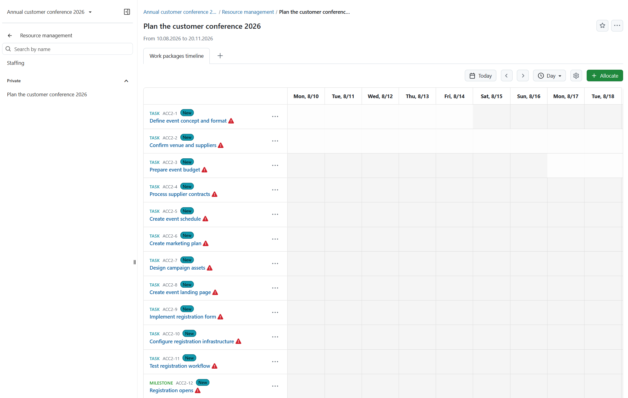 Resource planner for Annual Customer Conference 2026 showing open work packages without resource allocations