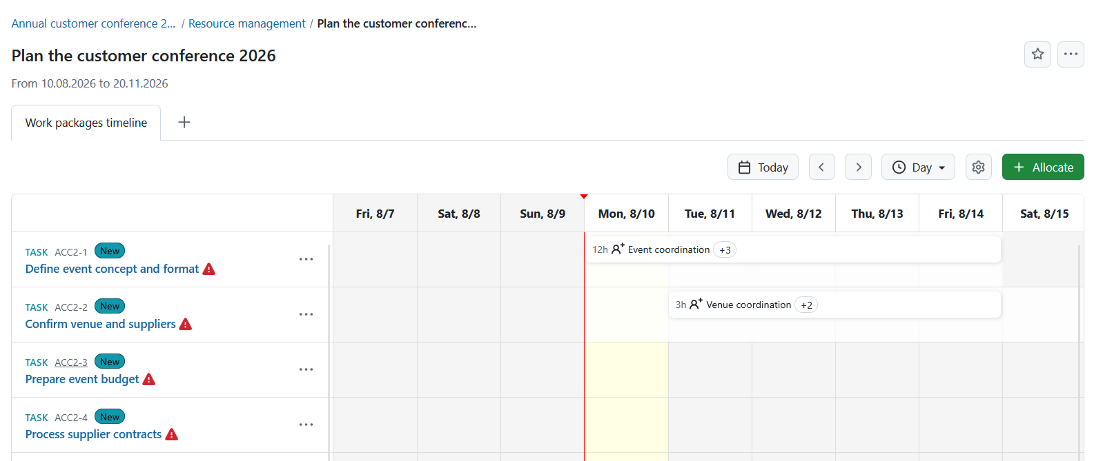 Resource planner showing open resource requests in OpenProject resource management module