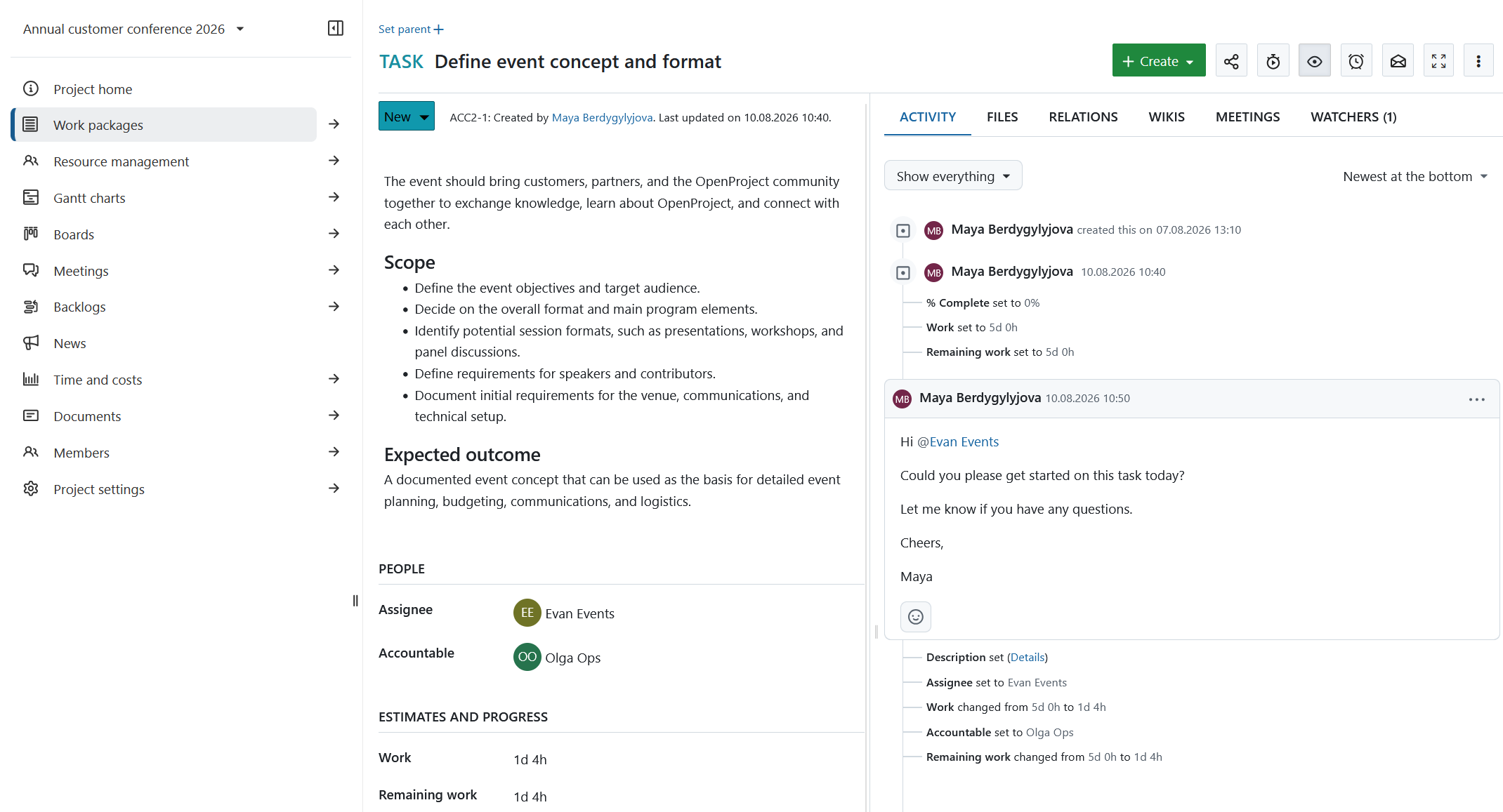 A detailed view of a work package, showing assignee, accountable, work estimates