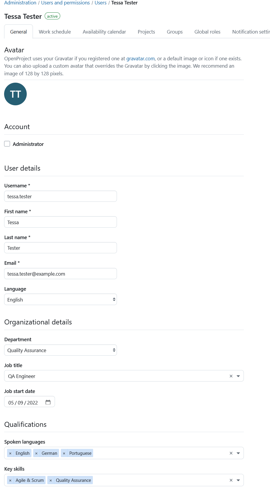 OpenProject user profile showing assigned skills and other resource planning attributes