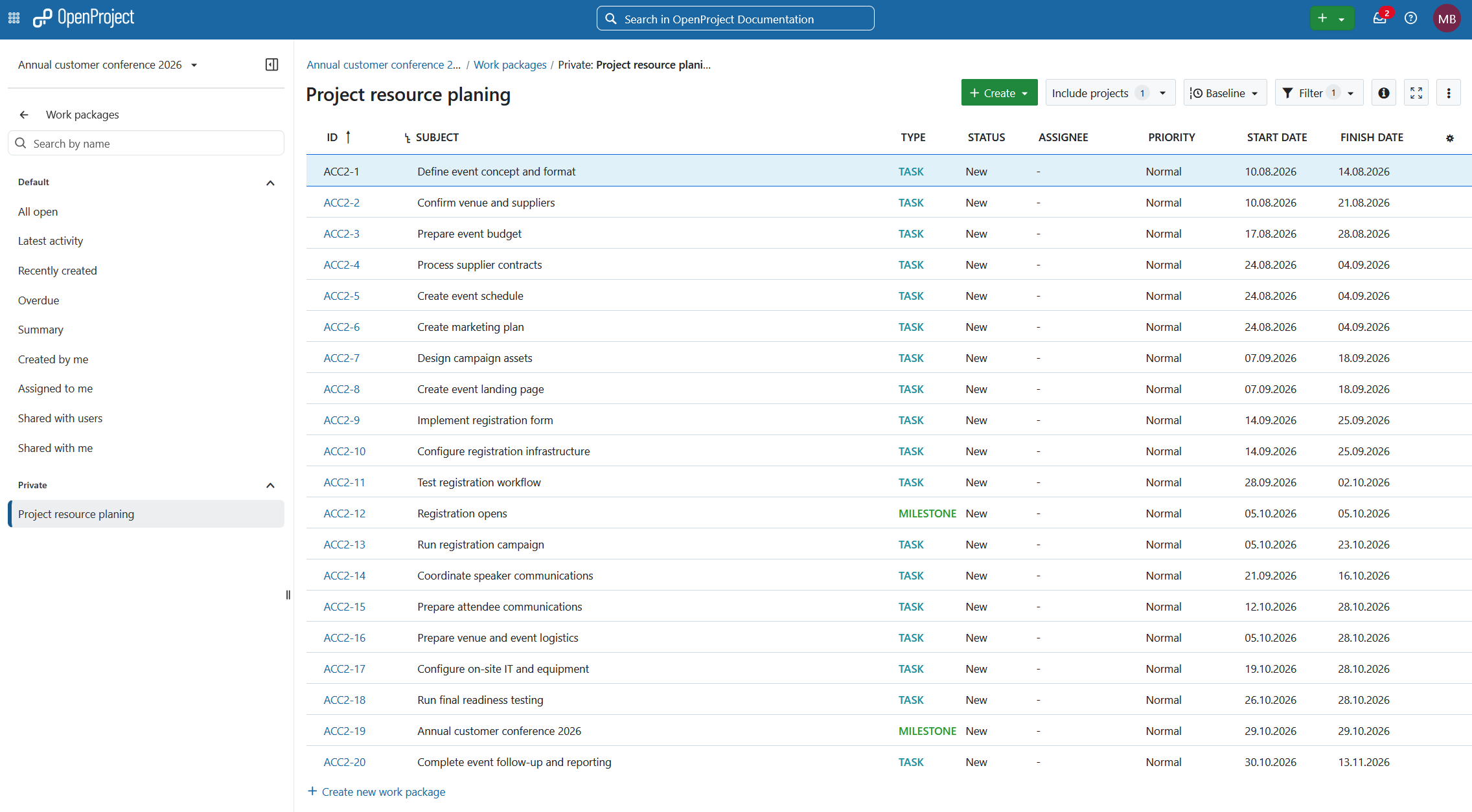 Annual Customer Conference 2026 project in OpenProject showing planned work packages and their dates