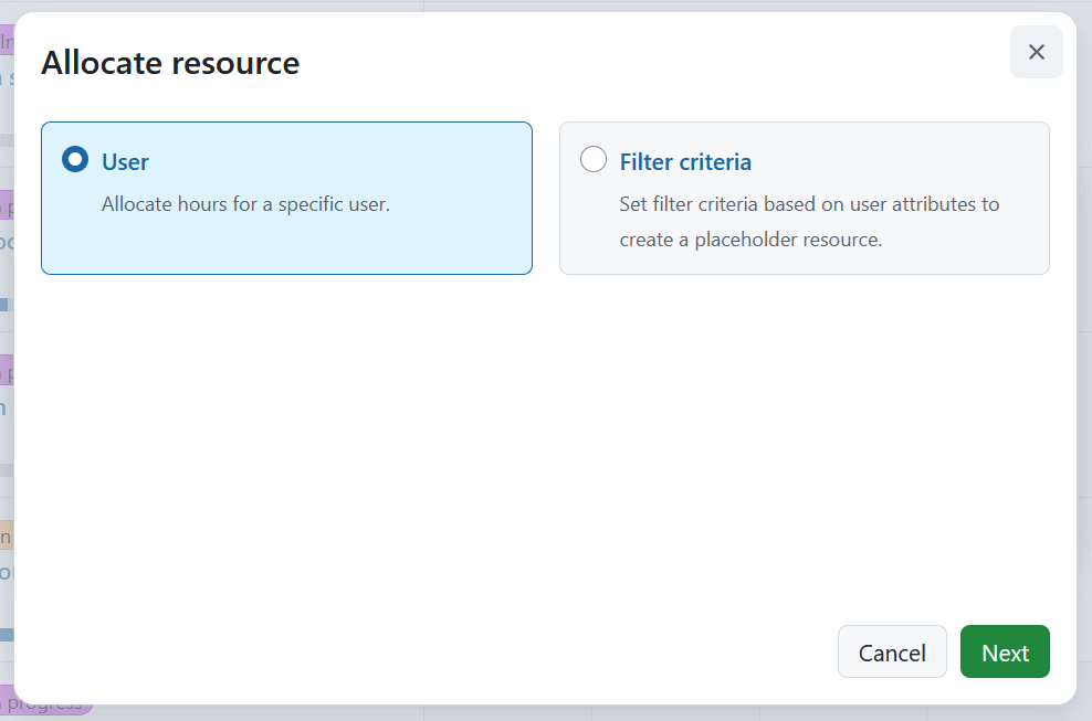 Create resource allocation dialog in OpenProject with options to select a specific user or define filter criteria
