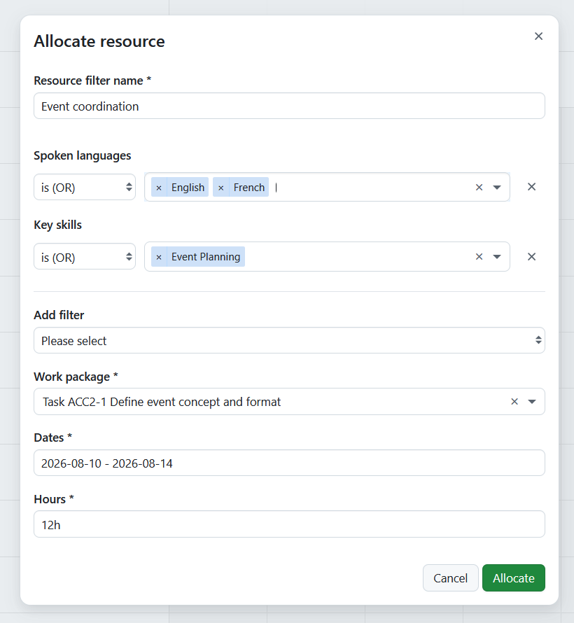 Resource request for Define event concept and format requiring event planning skills, English and French language skills, and 12 hours of capacity