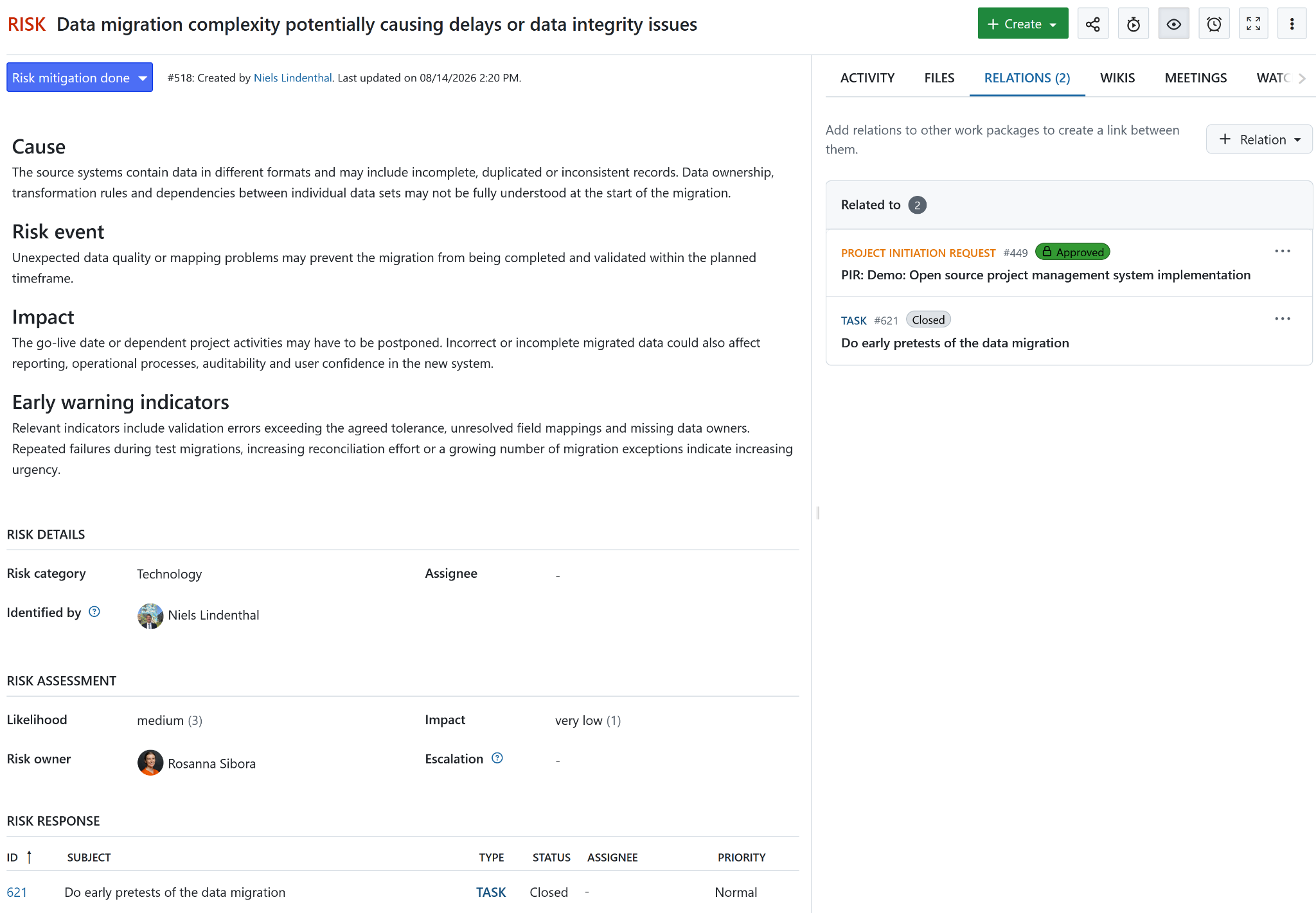 Risk work package with a structured description, risk assessment and related response action in OpenProject
