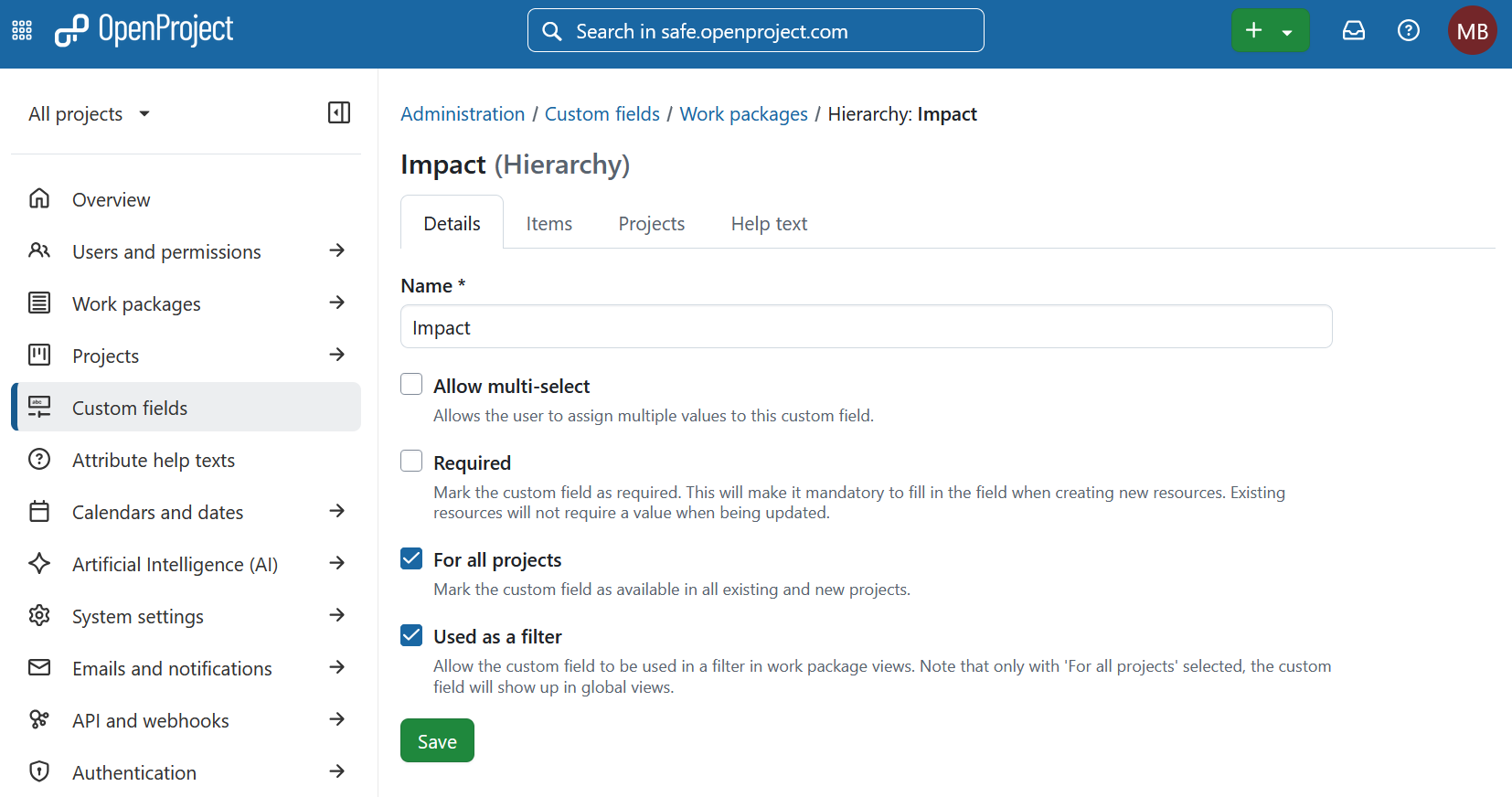 Defining a custom field of type hierarchy called “Impact” in OpenProject administration