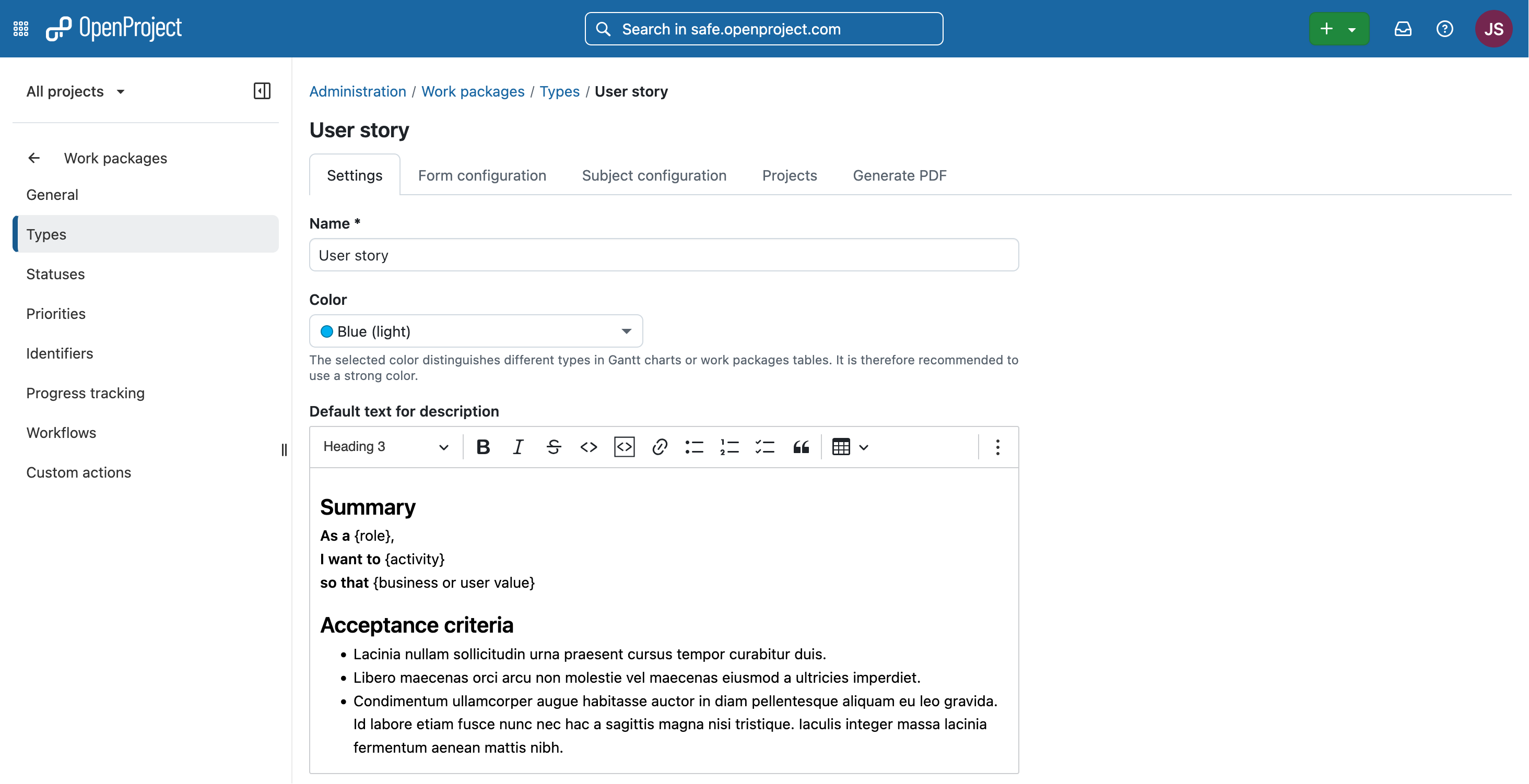 Define types - User story