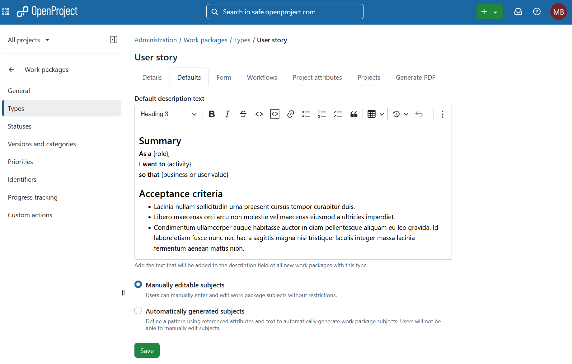 Define types - User story