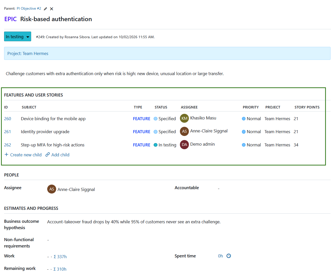 A relationship table shown in an Epic in OpenProject