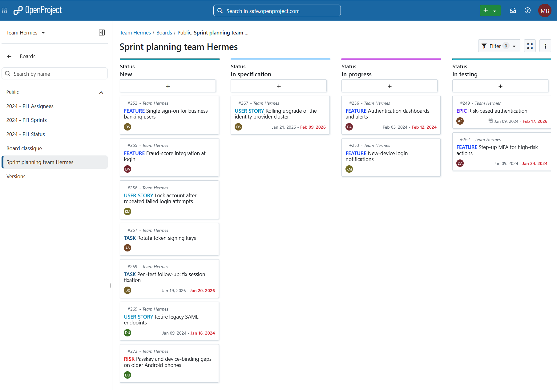 Kanban board for an agile team