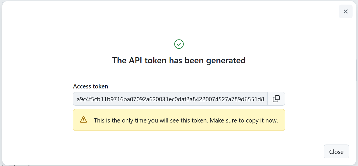 Eine Nachricht zur Bestätigung der erfolgreichen Generierung eines neuen API-Speichers in OpenProject