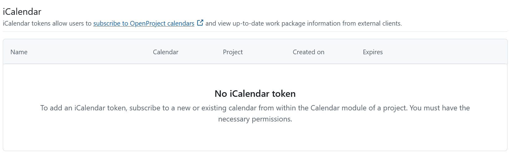 OpenProject-Kalenderliste unter den Kontoeinstellungen zeigt, dass noch keine Kalender abonniert wurden