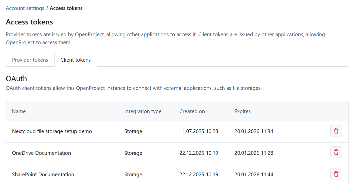 Dateispeicher Zugangs-Token unter Kontoeinstellungen in OpenProject