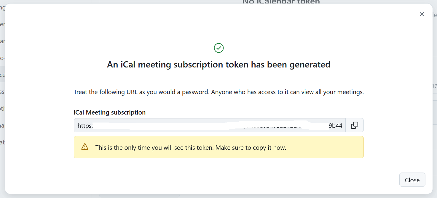 Ein neu generiertes iCal Meeting-Abonnement-Token in den OpenProject-Kontoeinstellungen