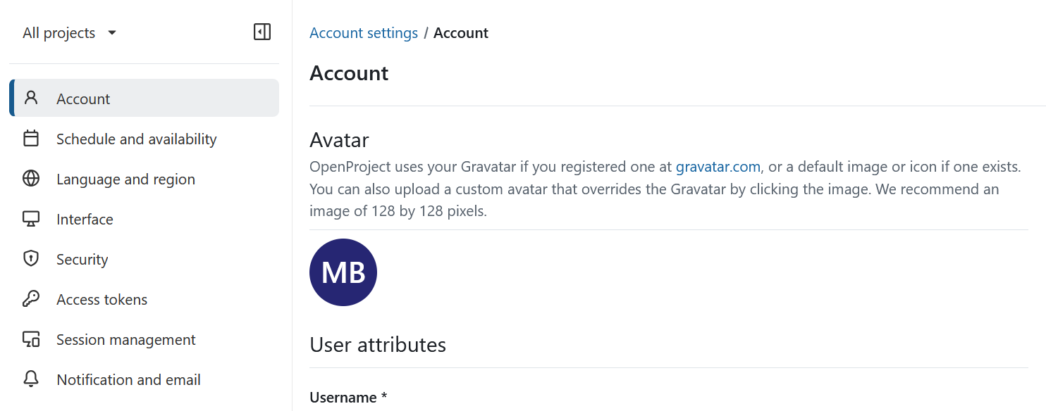 Avatar Einstellungen in den Kontoeinstellungen in OpenProject