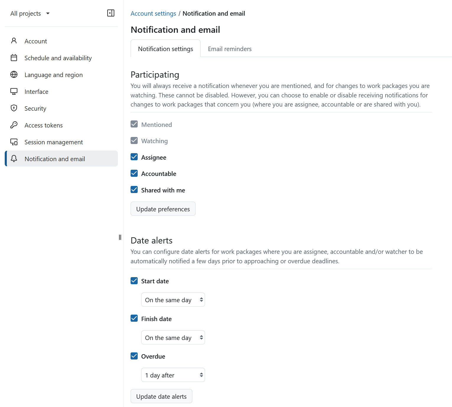 Einstellungen für Benachrichtigungen in den OpenProject Kontoeinstellungen