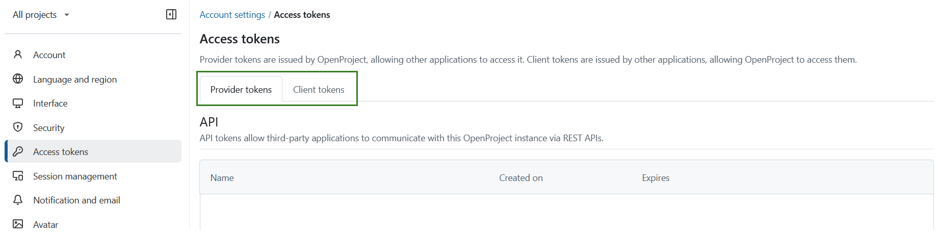 Access tokens overview in OpenProject account settings