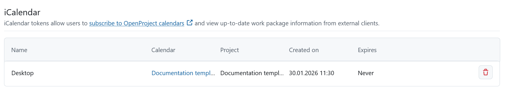 OpenProject calendar list under account settings showing calendar tokens