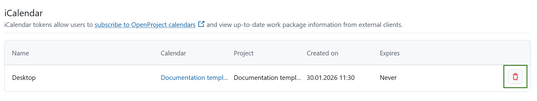 OpenProject delete calendar under account settings