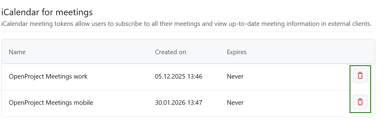 Delete icon to remove a meeting iCal token under OpenProject account settings