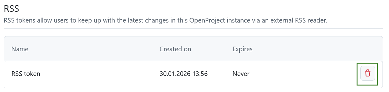 Delete RSS token icon under OpenProject account settings