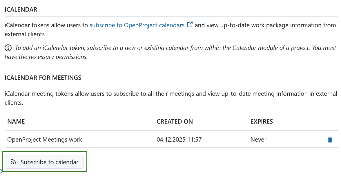 A “subscribe to calendar” button to subscribe to OpenProject meetings under account settings