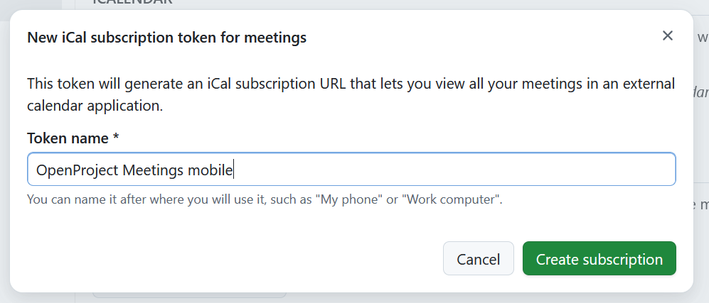 Form to create a new iCal subscription token for meetings in OpenProject account settings