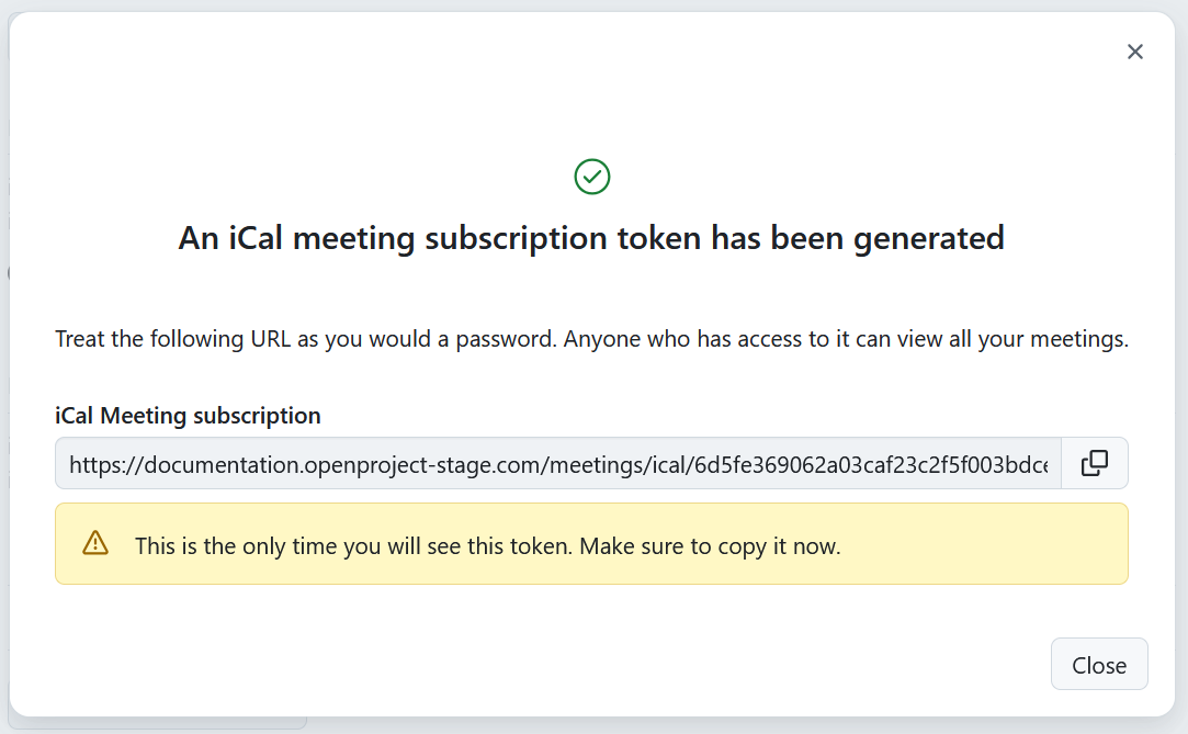 A newly generated iCal meeting subscription token in OpenProject account settings