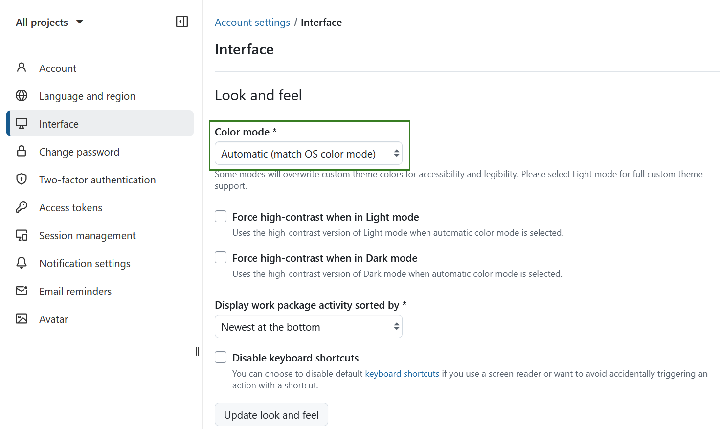 Automatischer Farbmodus in den OpenProject-Kontoeinstellungen