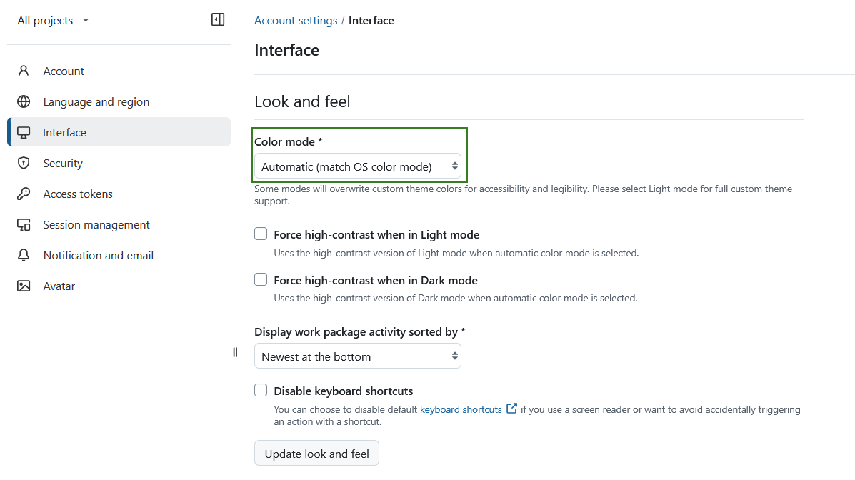 Automatic color mode in OpenProject account settings