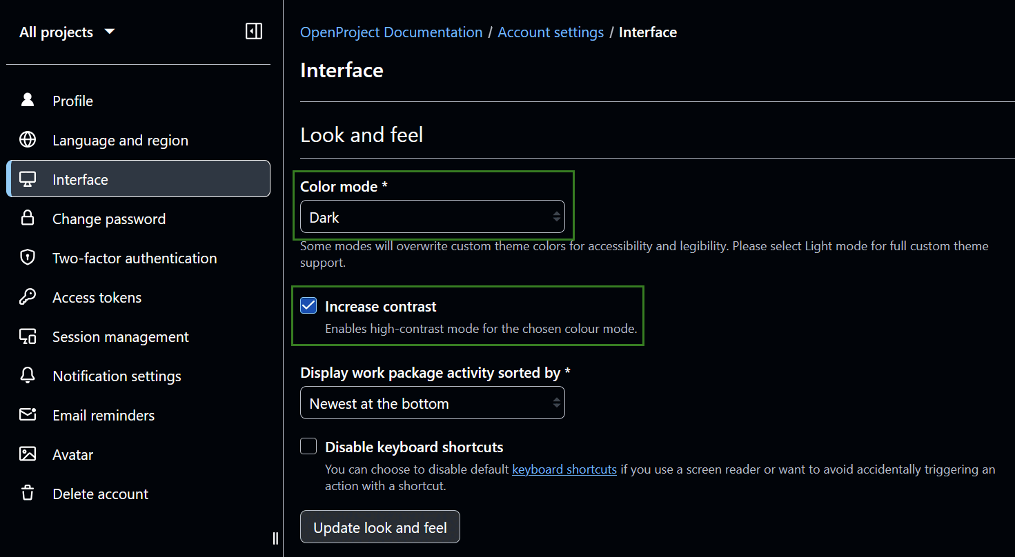 Dark mode in OpenProject account settings