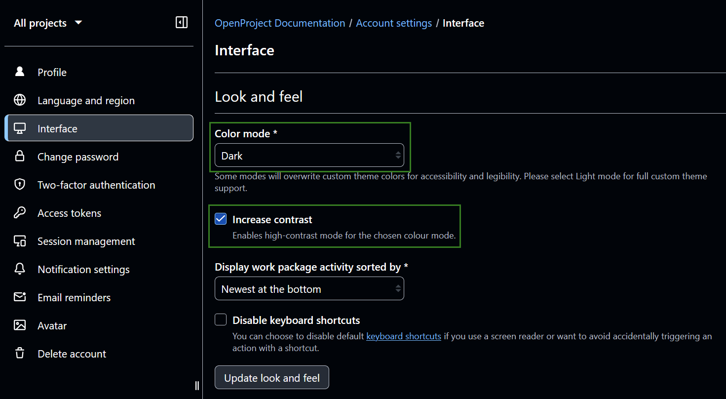 Dark mode in OpenProject account settings
