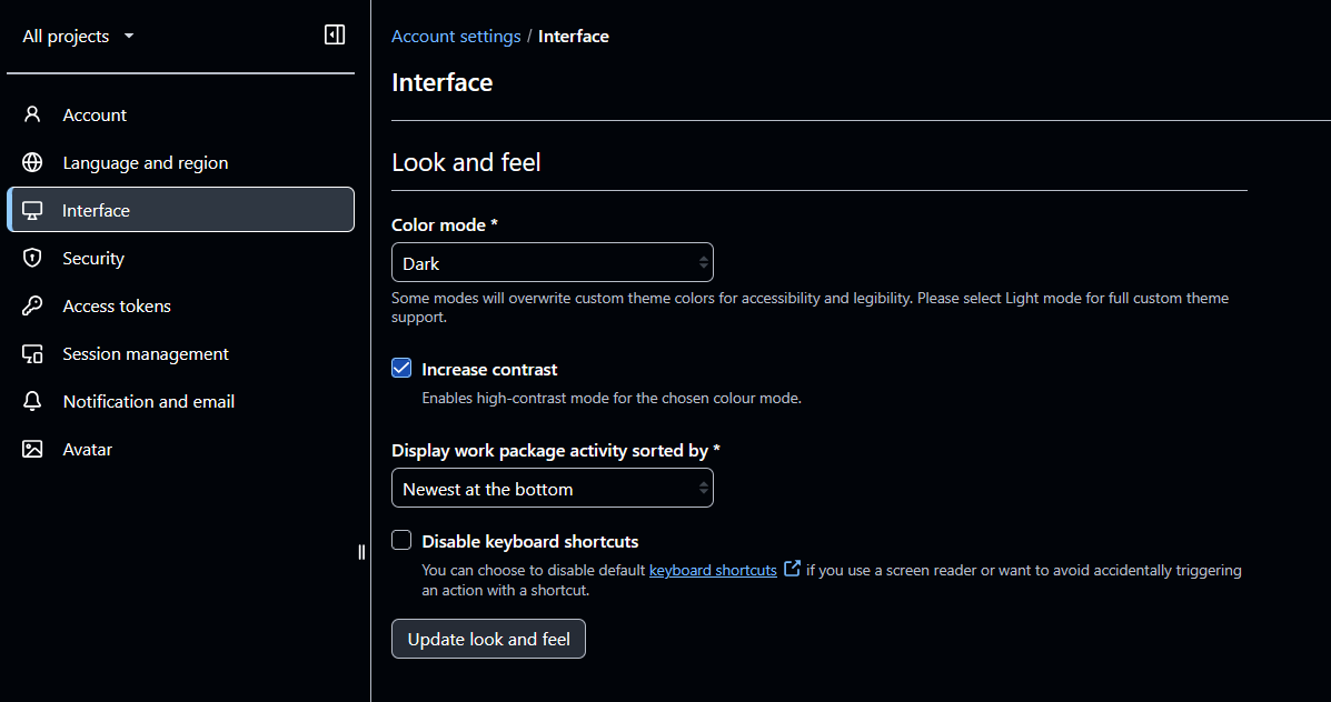 Dark mode in OpenProject account settings