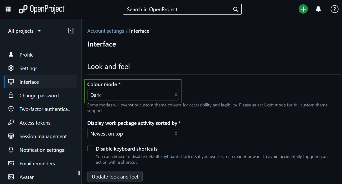 Dark mode in OpenProject account settings