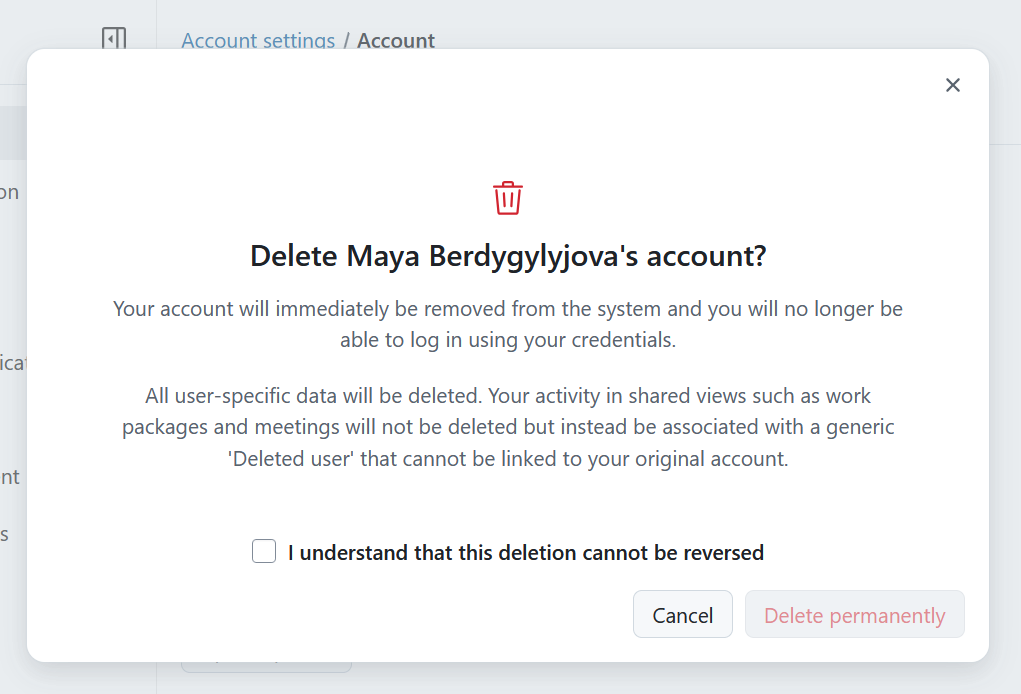 Bestätigungsdialog zum Löschen des Kontos unter OpenProject Kontoeinstellungen