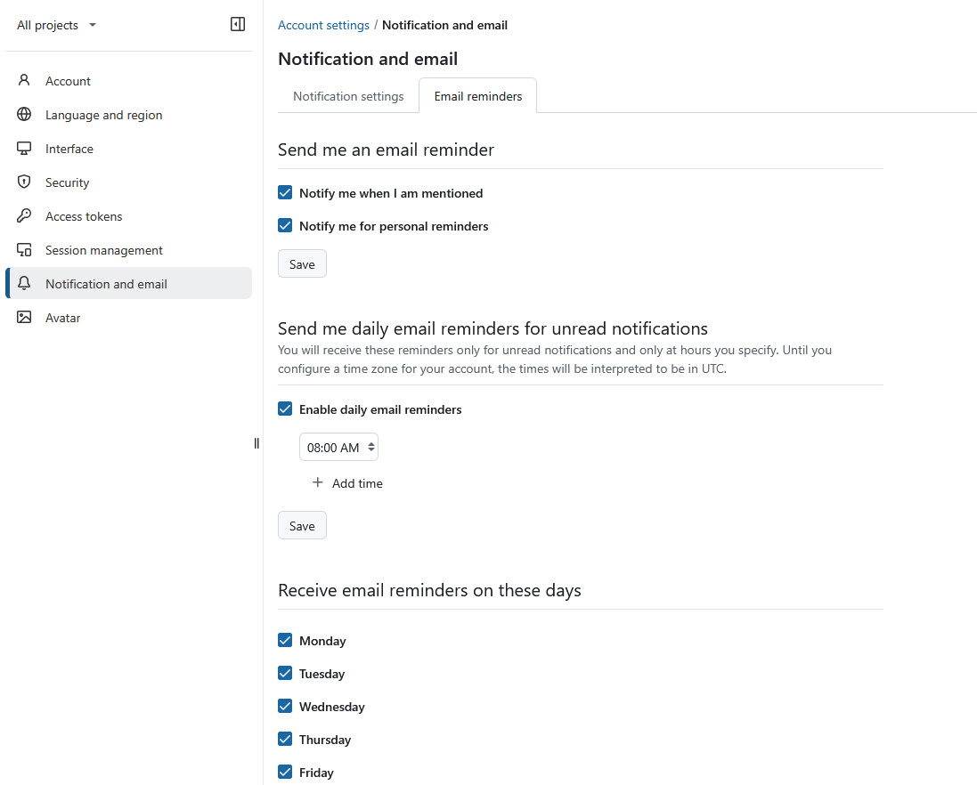 Email reminders section in OpenProject account settings