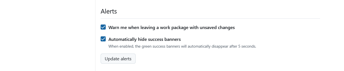 Alerts section under interface settings in OpenProject account settings