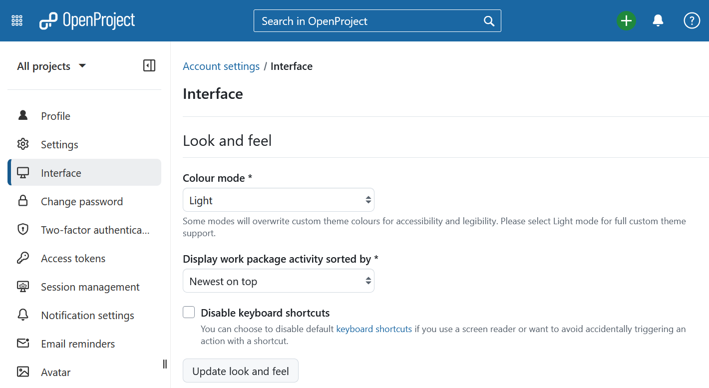 “Look and feel” section under Interface settings in OpenProject account settings