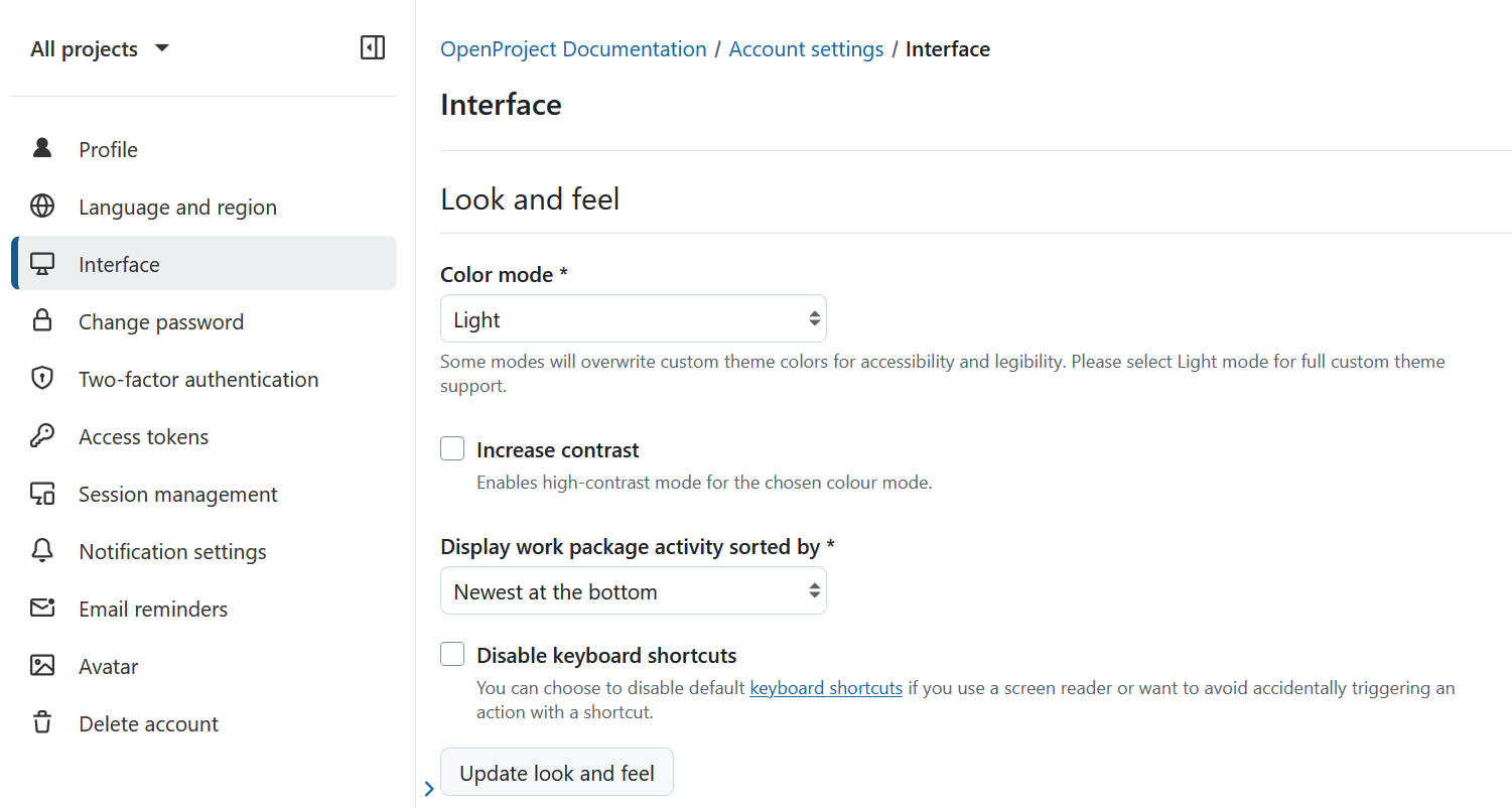 “Look and feel” section under Interface settings in OpenProject account settings