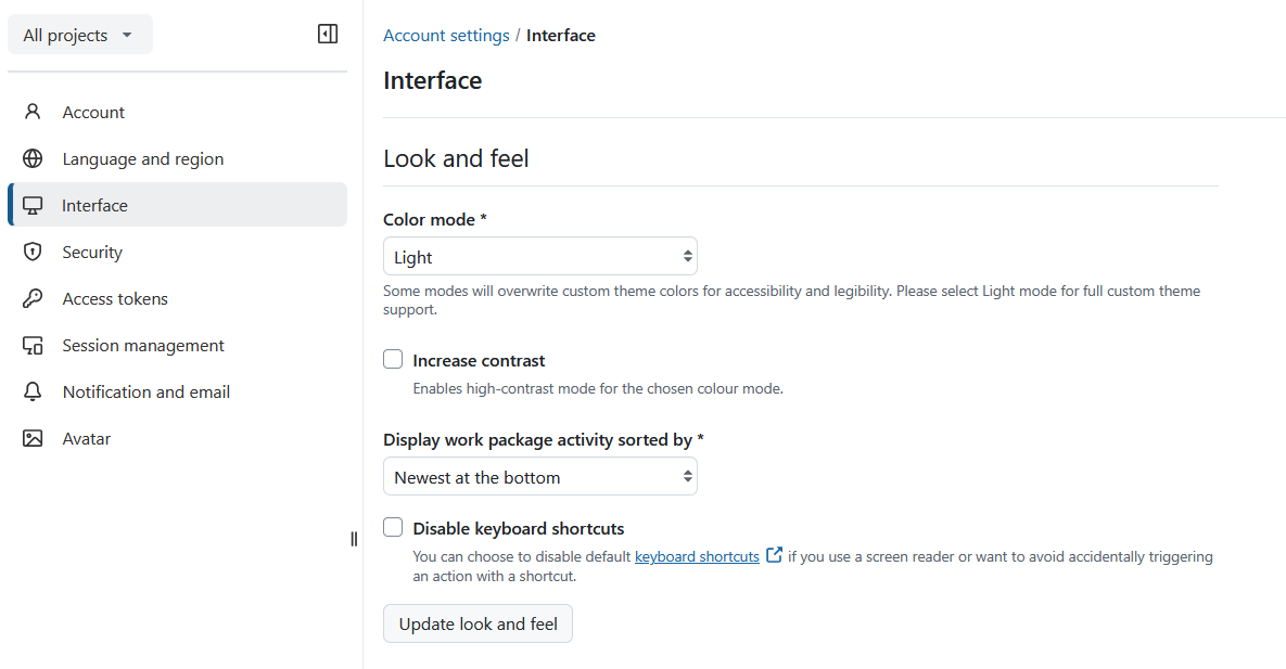 “Look and feel” section under Interface settings in OpenProject account settings