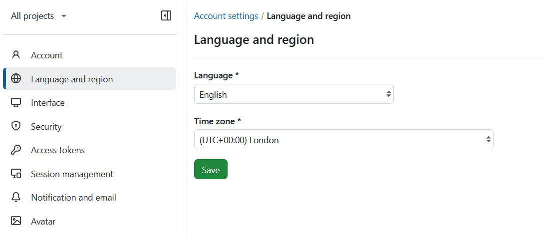 OpenProject personal account settings